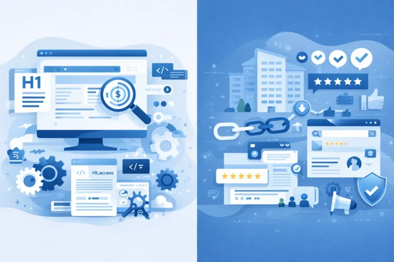 On page vs off page SEO comparison showing content optimization backlinks and search ranking factors